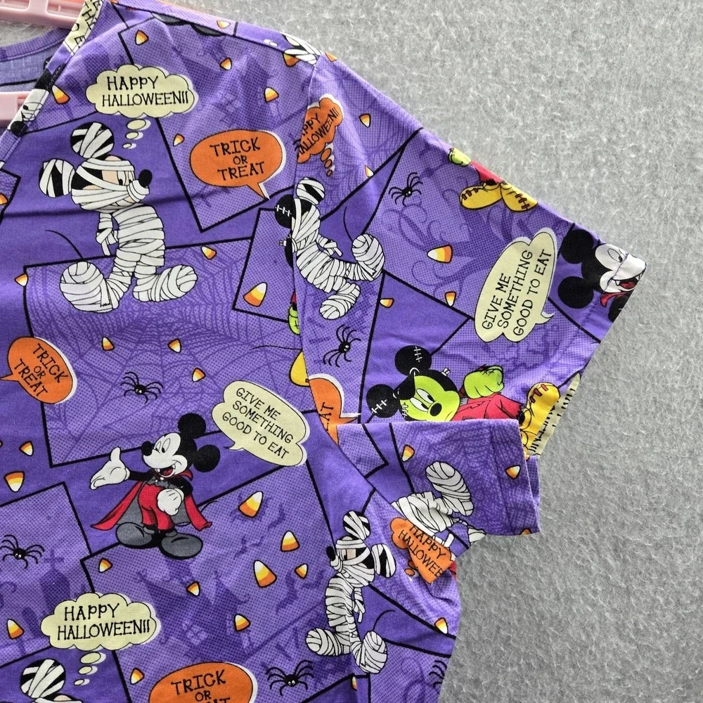 Disney Women Scrub Top‎ 2X Purple Graphic Print Mickey Mouse Halloween Logo